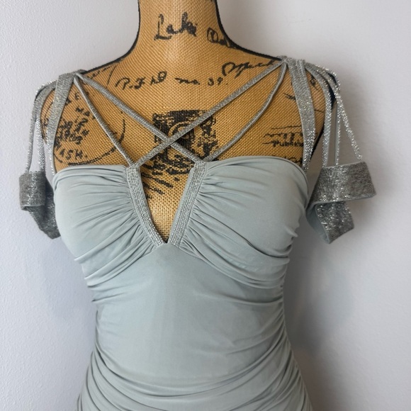 Mignon sage stretch Silver Ruched Rhinestone Strap Dress - Size 4 - Picture 5 of 7